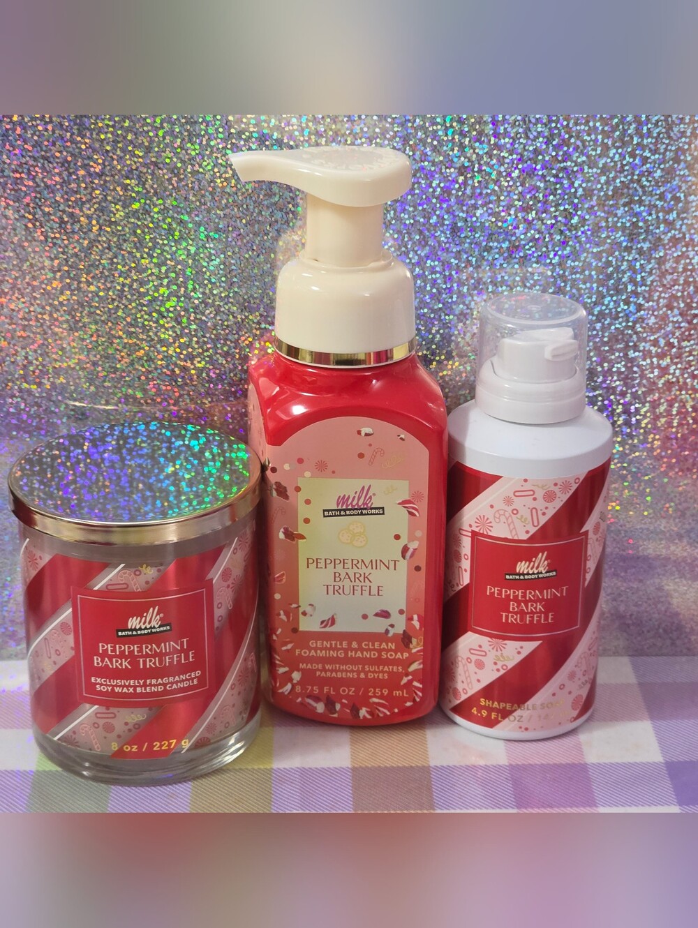 Bath Body Works Milk Bar Peppermint Bark Truffle Hand Soap & Candle 3pc Set NEW